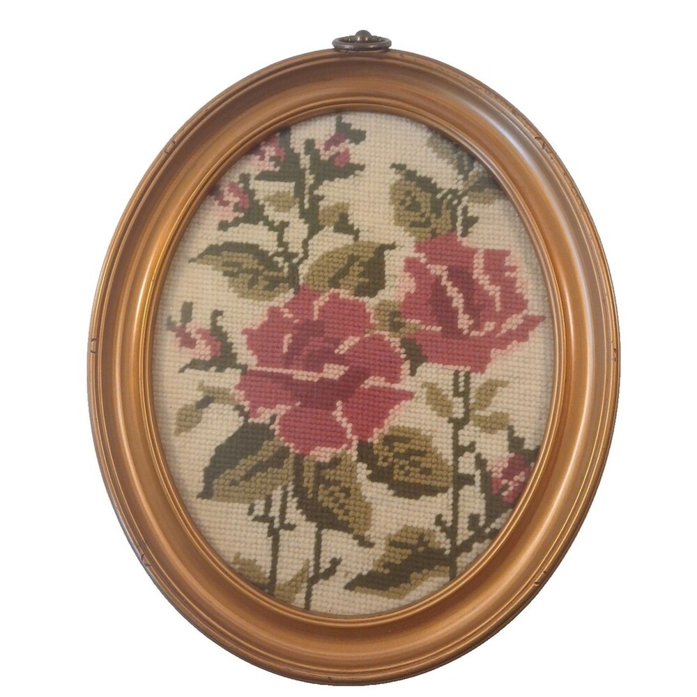Hancrafted Vtg Needlepoint Roses In Oval Frame Cottage Core Grandma Core